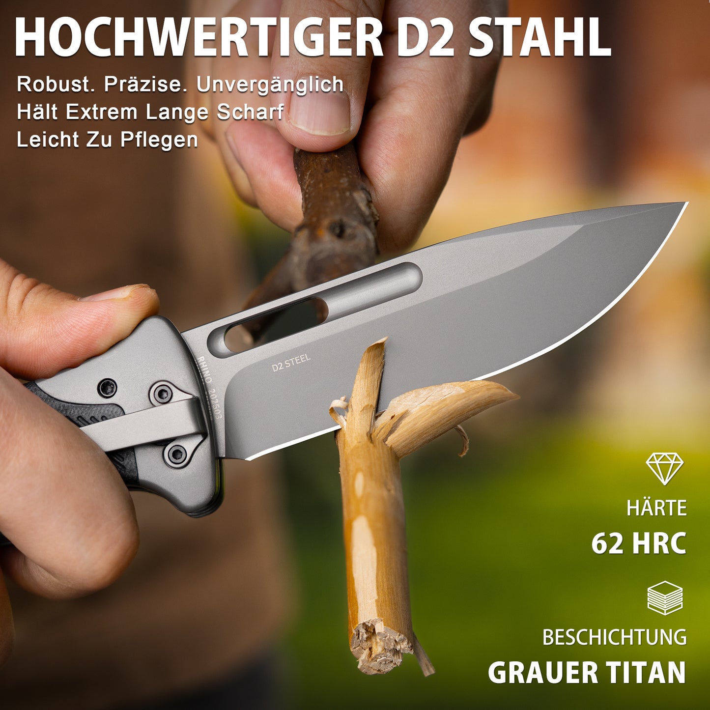 LOTHAR RHINO Zweihandmesser, 10.5cm Großes Klappmesser mit D2 Stahl, G10 Griff Outdoor Messer Survival mit Clip für Camping, Back Lock, Bushcraft, Robust & Langlebig