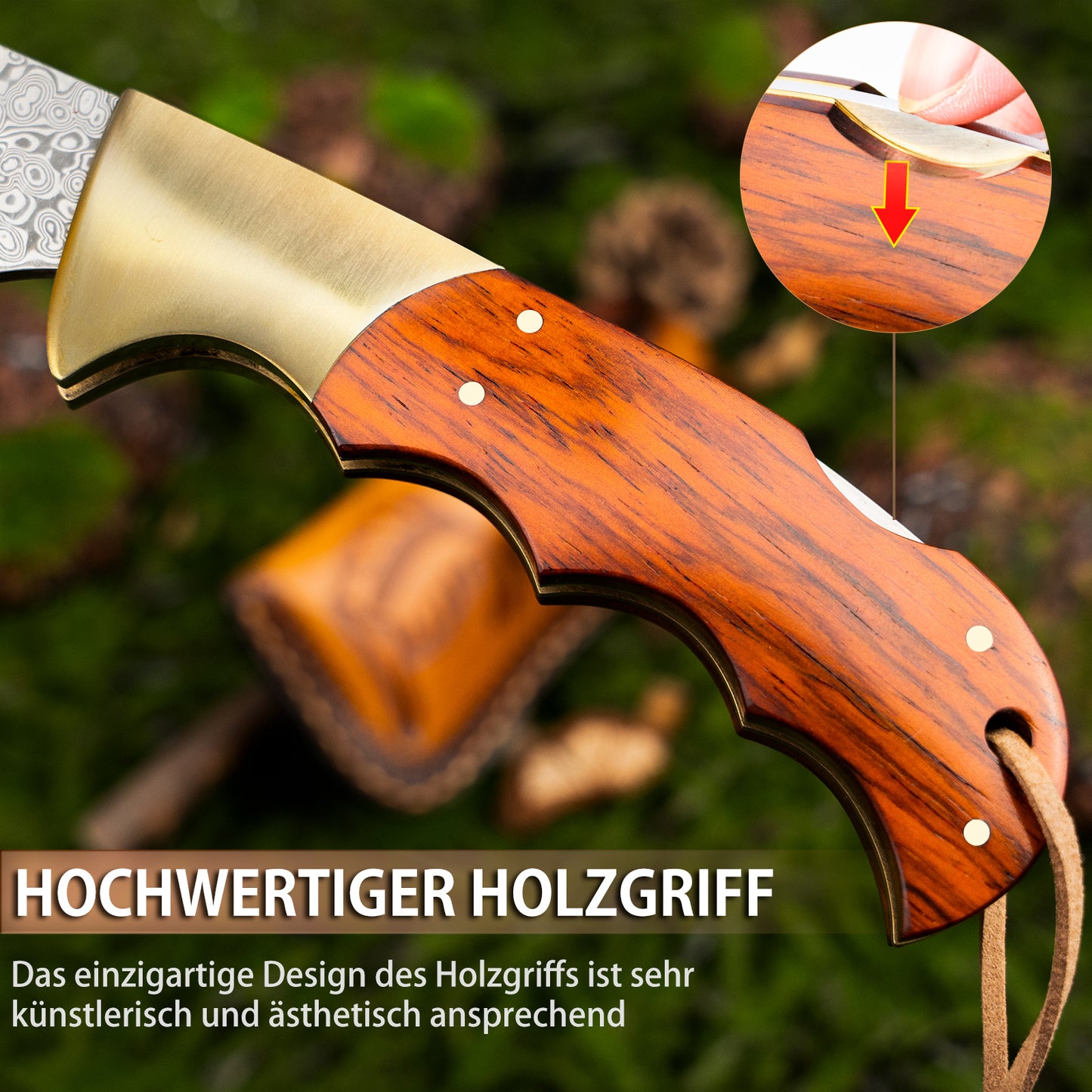 LOTHAR REINDEER Damast Klappmesser Zweihandmesser, Taschenmesser Damast aus 67 Lagen VG10 Damaststahl, Zweihandmesser Legal Deutschland, Zweihand Klappmesser mit Holzgriff, Ideal als Geschenk