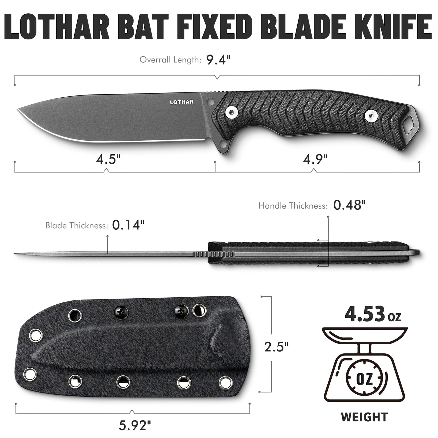 LOTHAR Bat 5'' Sharp D2 Steel Blade PVD Coated Survival Knife with Black G10 Handle, One Fire Starter