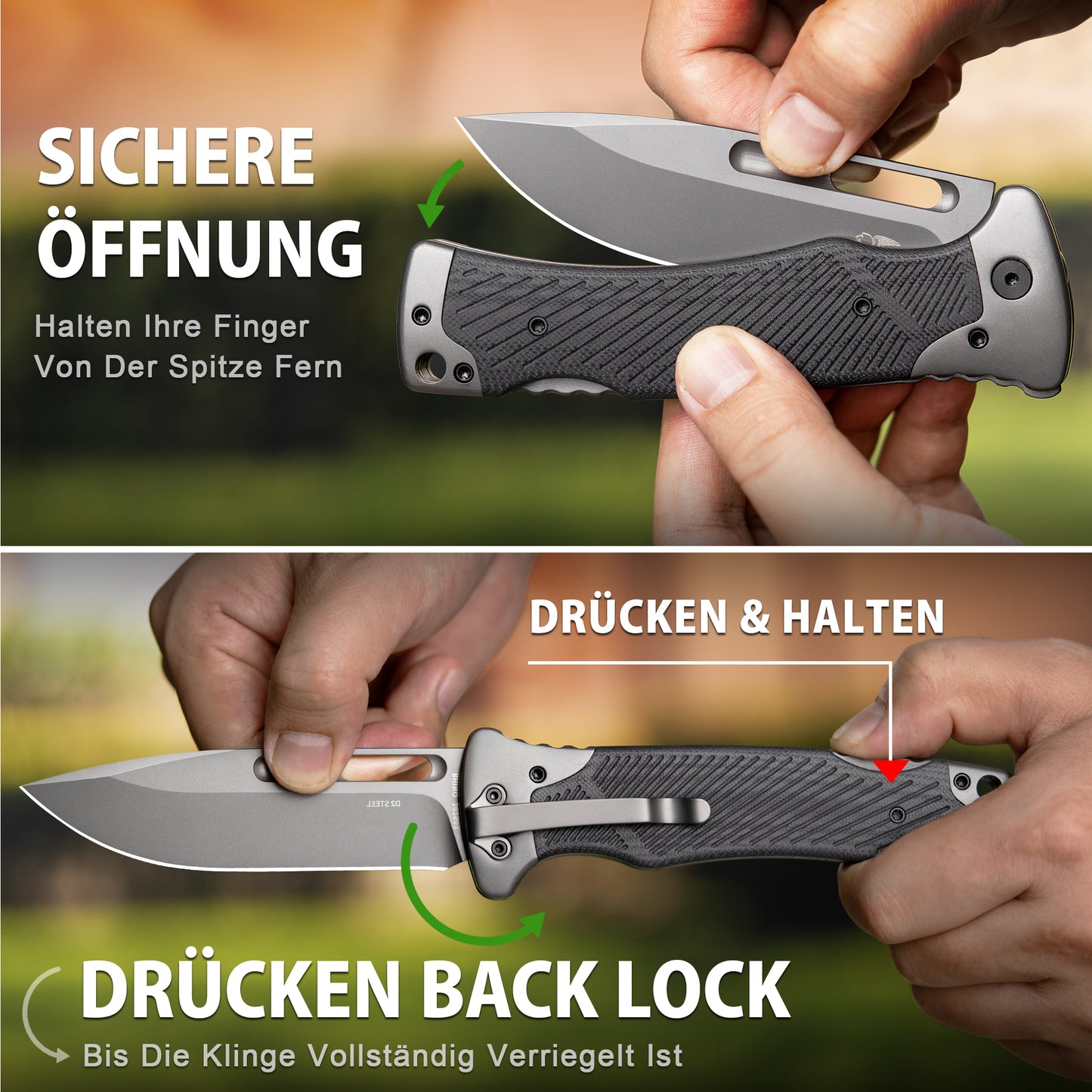 LOTHAR RHINO Zweihandmesser, 10.5cm Großes Klappmesser mit D2 Stahl, G10 Griff Outdoor Messer Survival mit Clip für Camping, Back Lock, Bushcraft, Robust & Langlebig