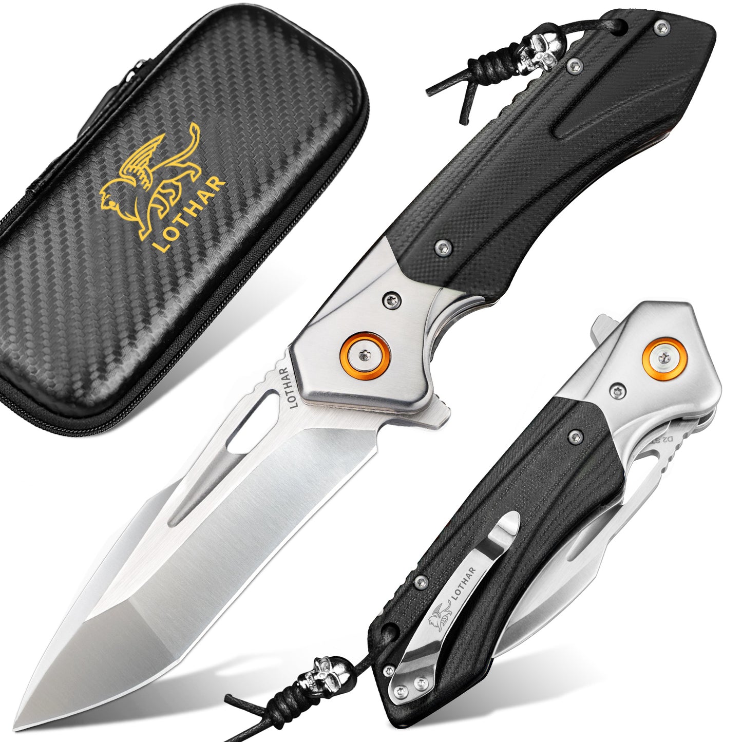 LOTHAR  Lich King Folding Pocket Knife, 3.5'' D2 Steel Blade and Black G10 Handle, Spring Assisted Opening