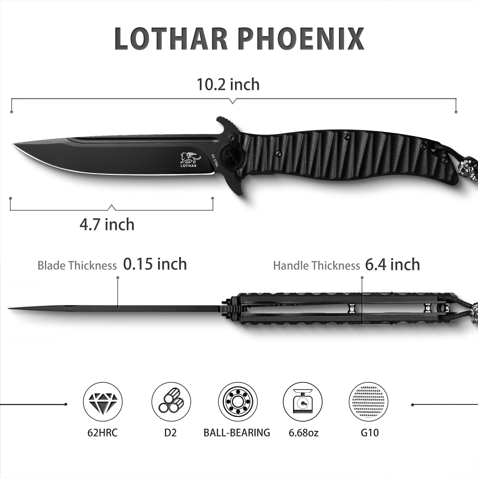 LOTHAR PHOENIX Large Pocket Knife, 5‘’ D2 Steel Blade Hunting Folding Knife, Black G10 Handle, Huge Tactical Pocket Knife, Flipper Assisted Opening