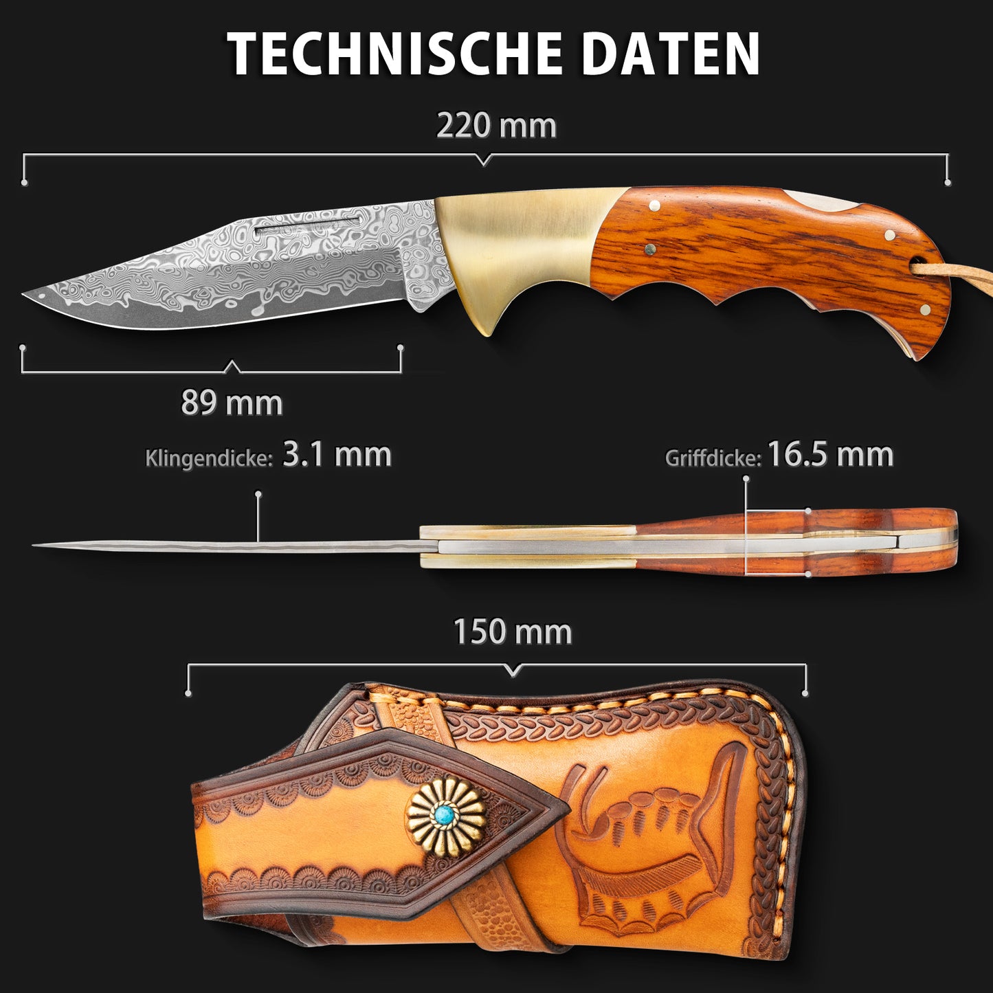 LOTHAR REINDEER Damast Klappmesser Zweihandmesser, Taschenmesser Damast aus 67 Lagen VG10 Damaststahl, Zweihandmesser Legal Deutschland, Zweihand Klappmesser mit Holzgriff, Ideal als Geschenk