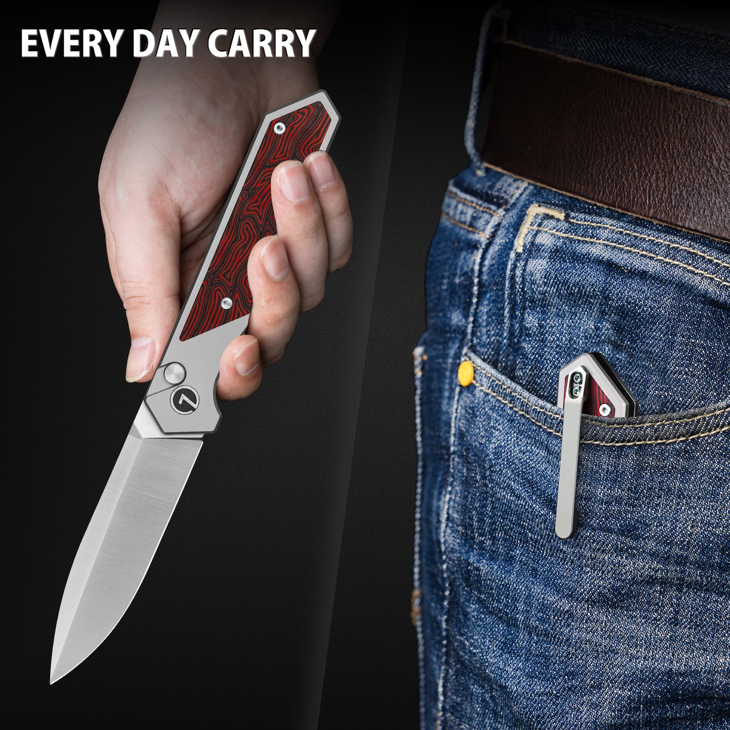 LOTHAR Raptor Folding Pocket Knife, Damascus G10 Handle, 3.7" 14C28N Steel Blade EDC Pocket Knife, Button Lock Knife(red)