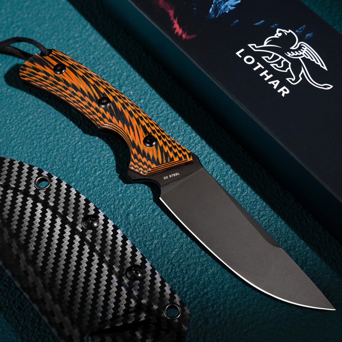 LOTHAR FOX Fixed Blade Hunting Knife, 4.5‘’ D2 Steel Blade Full Tang Knife, G10 Handle, Great Knife for Survival, Camping, Bushcraft or Hunting