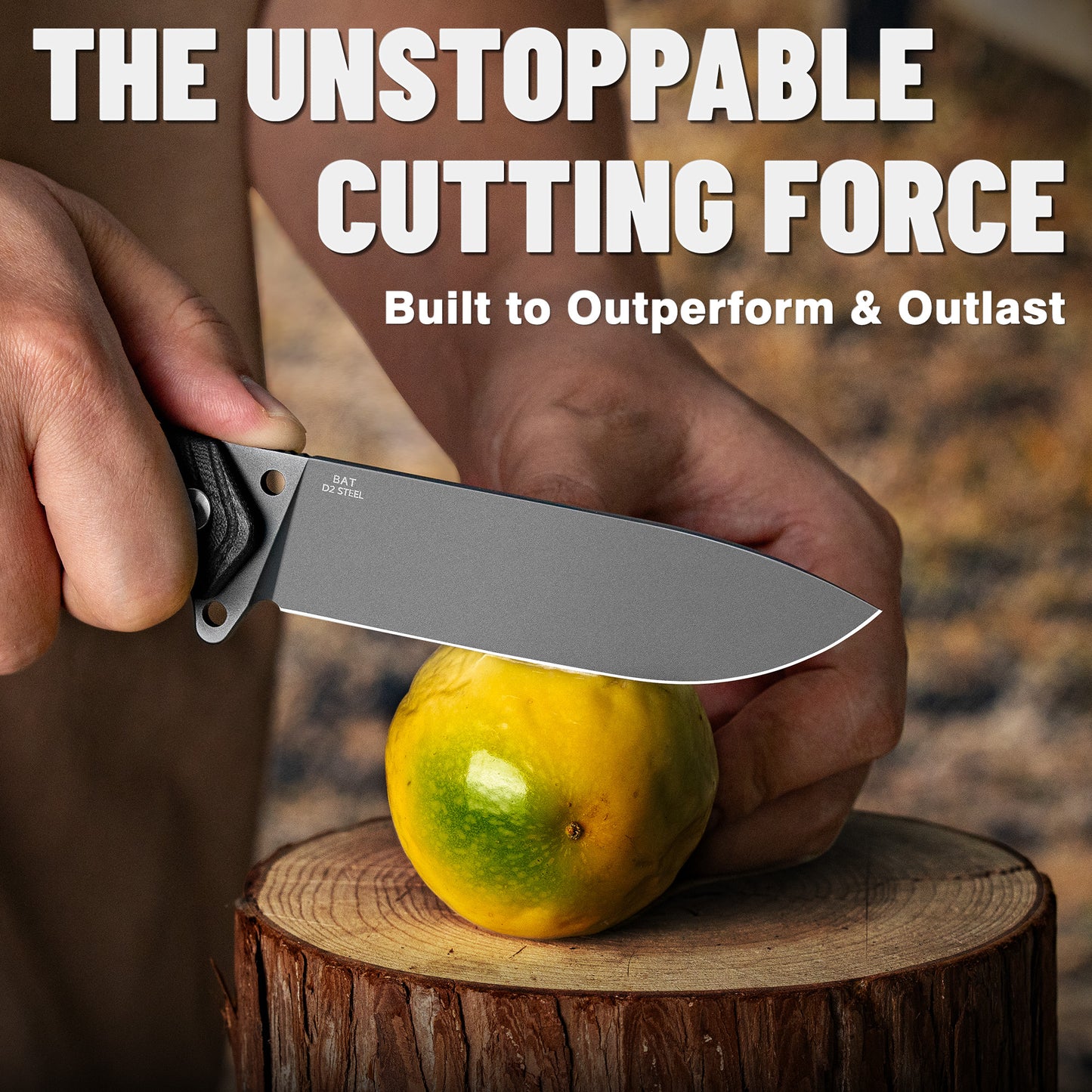 LOTHAR Bat 5'' Sharp D2 Steel Blade PVD Coated Survival Knife with Black G10 Handle, One Fire Starter