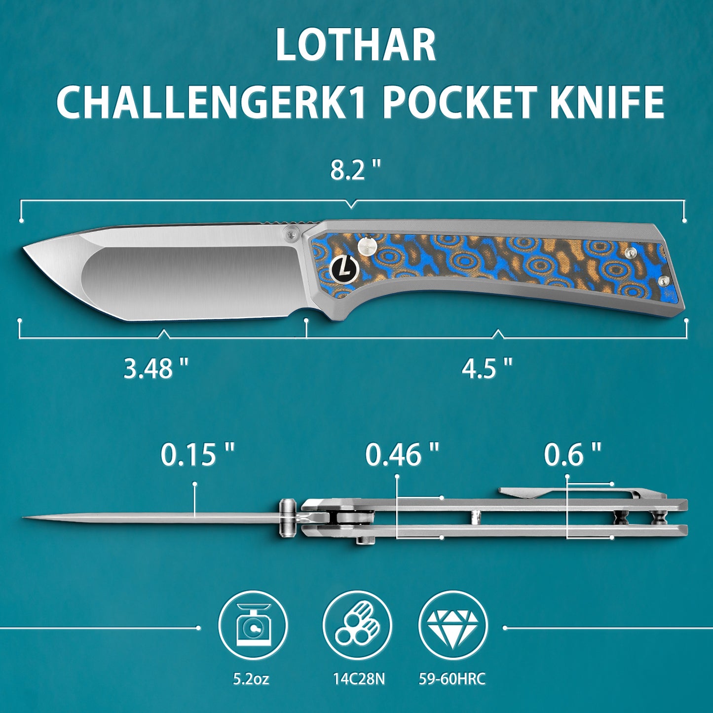LOTHAR ChallengerK1 Pocket Knife, 3.48" 14C28N Blade, Inlaid Damascus G10 Handle, Button Lock