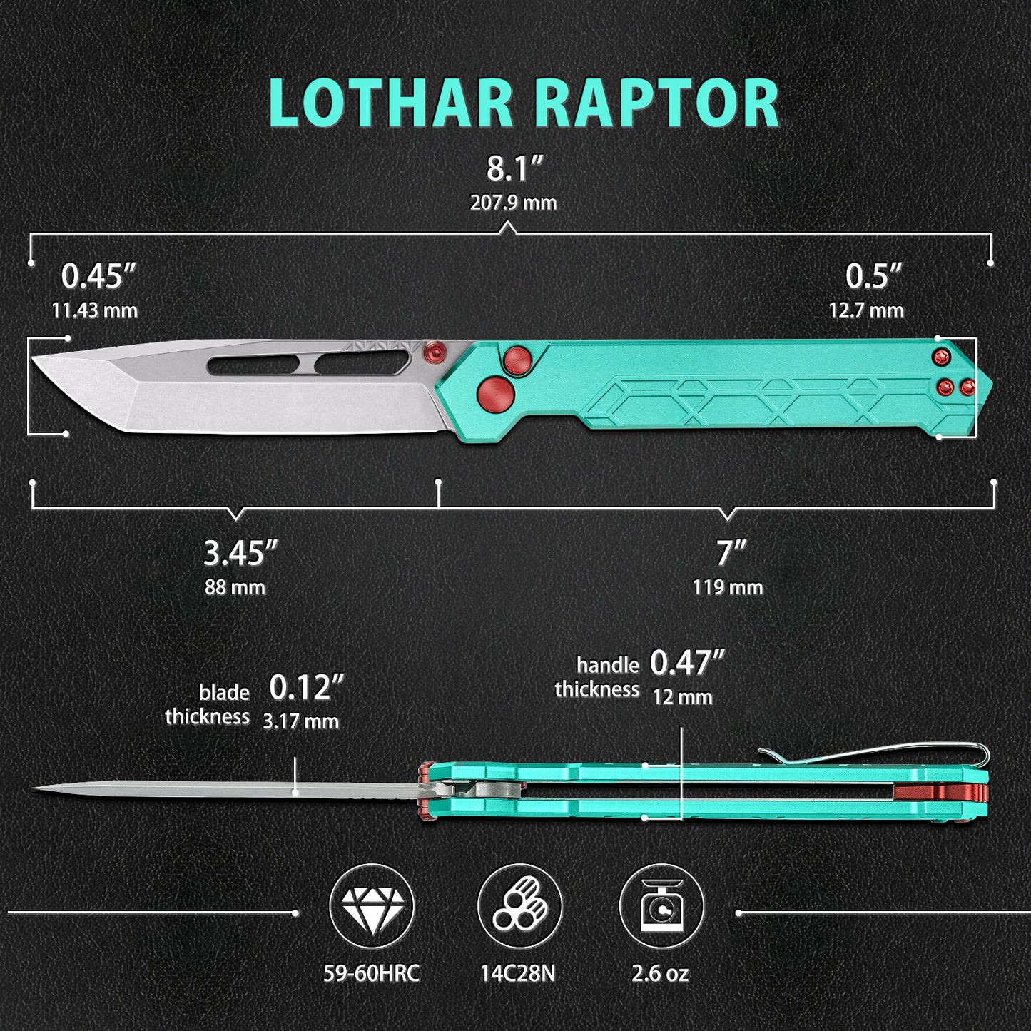 LOTHAR Rafael Pocket Knife, 3.45" 14C28N Tanto Blade Tactical Knife, Aluminum Handle, Button Lock