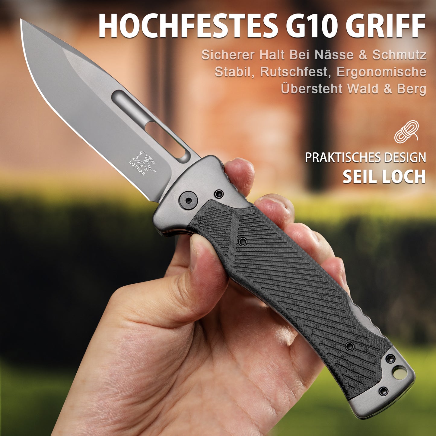 LOTHAR RHINO Zweihandmesser, 10.5cm Großes Klappmesser mit D2 Stahl, G10 Griff Outdoor Messer Survival mit Clip für Camping, Back Lock, Bushcraft, Robust & Langlebig