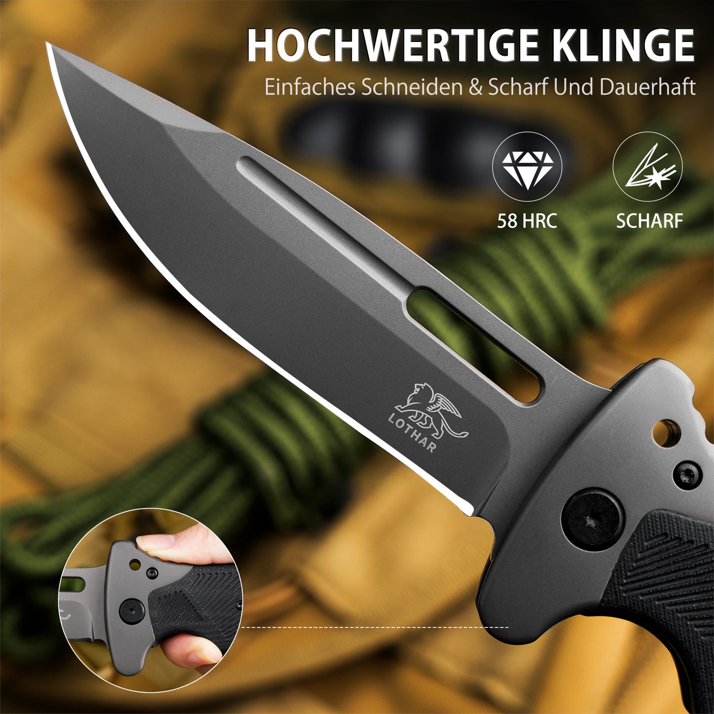 LOTHAR RHINO Zweihand Klappmesser, Mitführen in Deutschland erlaubt, Scharfe Klinge Zweihandmesser, Taschenmesser mit G10 Griff, Zweihandmesser für Camping & Survival