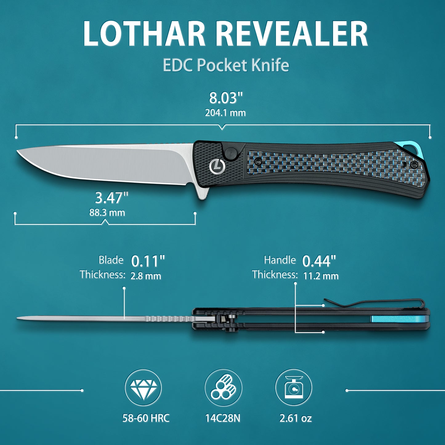 LOTHAR REVEALER Pocket Knife, 3.43" 14C28N Steel Blade EDC knife, Carbon Fiber Handle, Button Lock