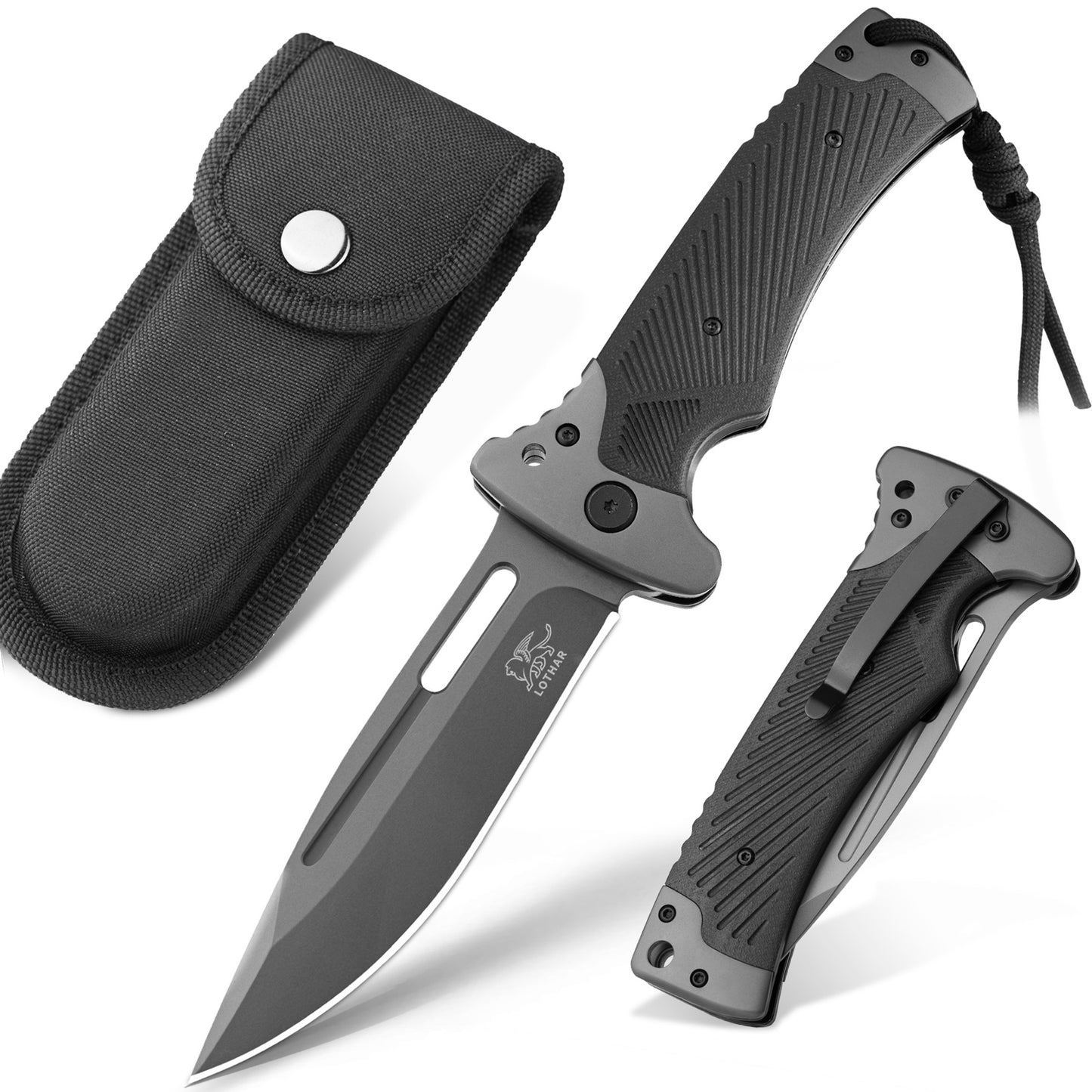 LOTHAR RHINO Zweihandmesser, 10.5cm Großes Klappmesser mit D2 Stahl, G10 Griff Outdoor Messer Survival mit Clip für Camping, Back Lock, Bushcraft, Robust & Langlebig