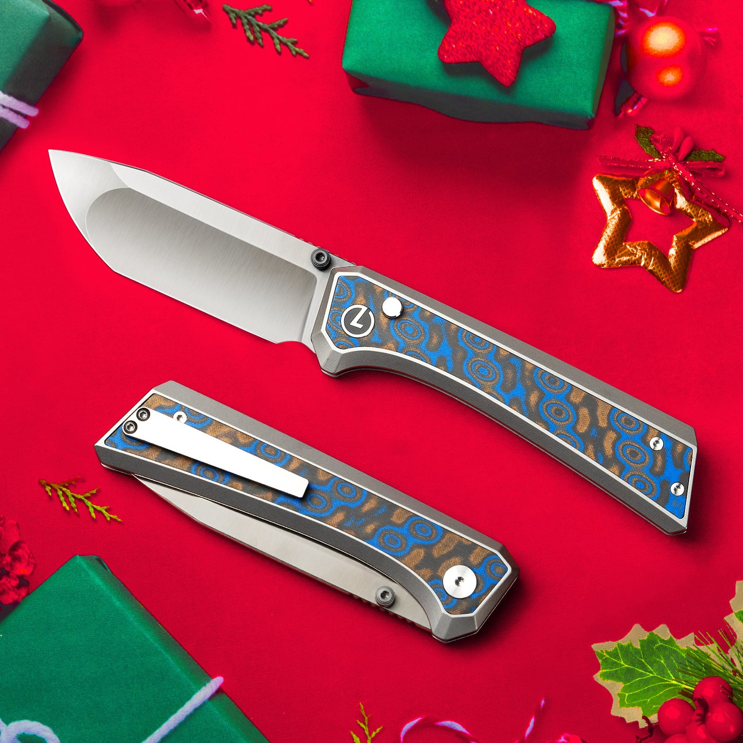 LOTHAR ChallengerK1 Pocket Knife, 3.48" 14C28N Blade, Inlaid Damascus G10 Handle, Button Lock