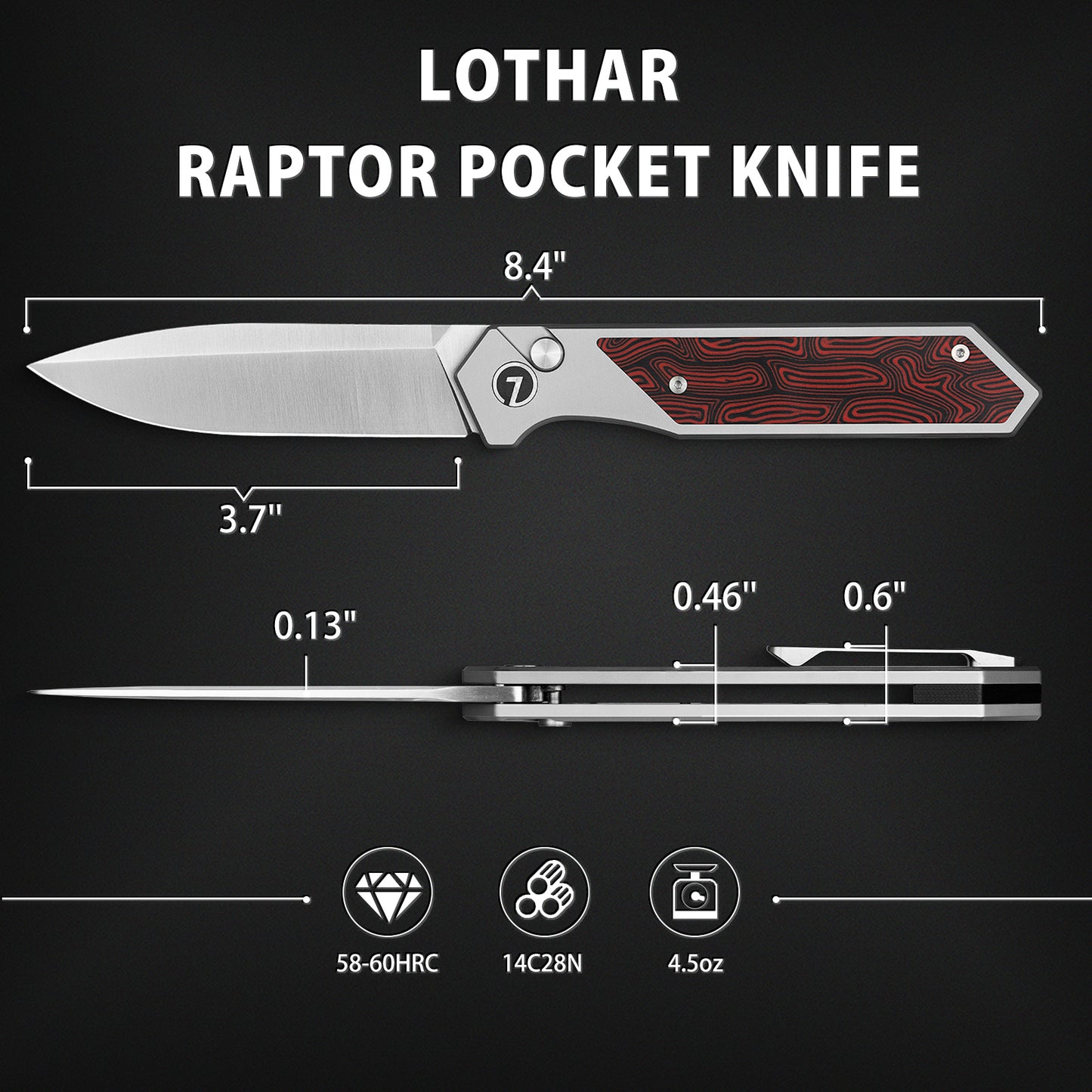 LOTHAR Raptor Folding Pocket Knife, Damascus G10 Handle, 3.7" 14C28N Steel Blade EDC Pocket Knife, Button Lock Knife(red)