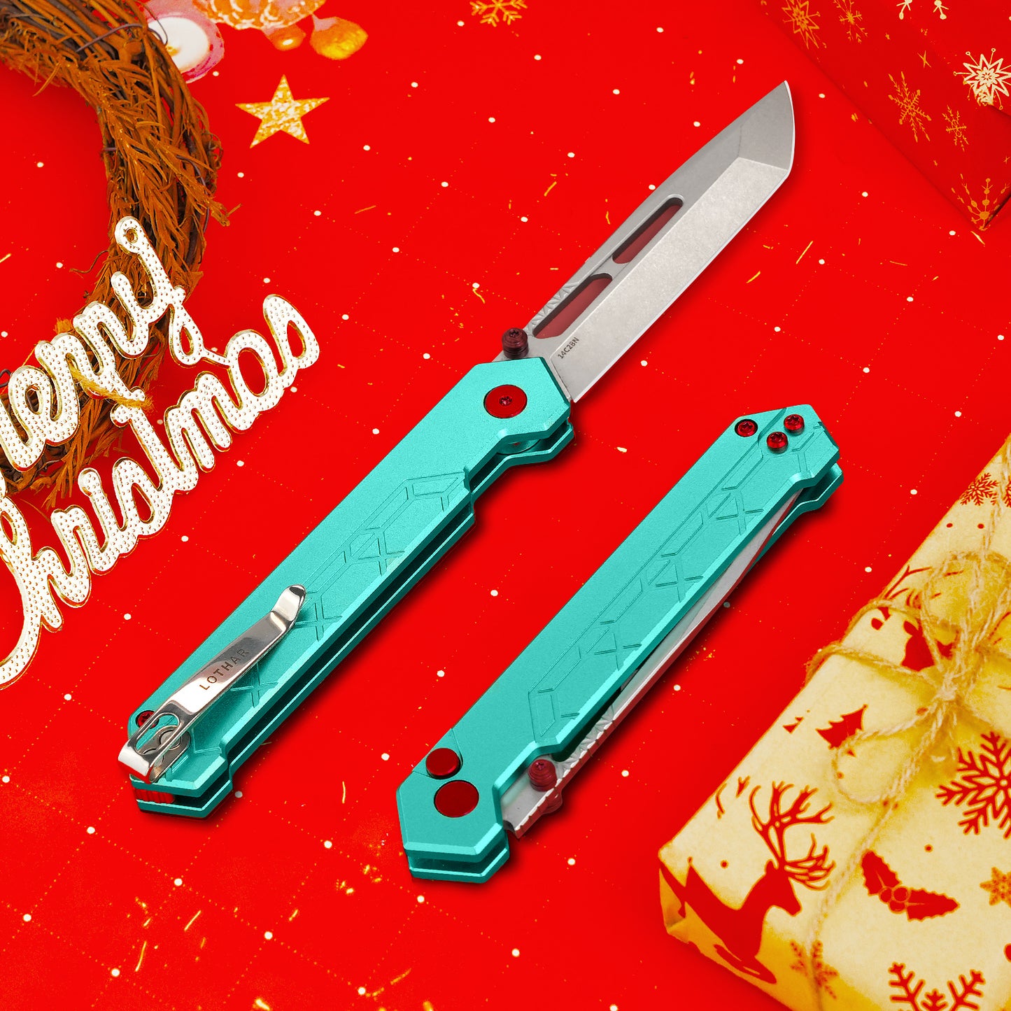LOTHAR Rafael Pocket Knife, 3.45" 14C28N Tanto Blade Tactical Knife, Aluminum Handle, Button Lock