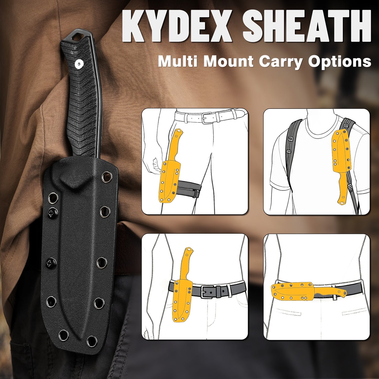 LOTHAR Bat 5'' Sharp D2 Steel Blade PVD Coated Survival Knife with Black G10 Handle, One Fire Starter