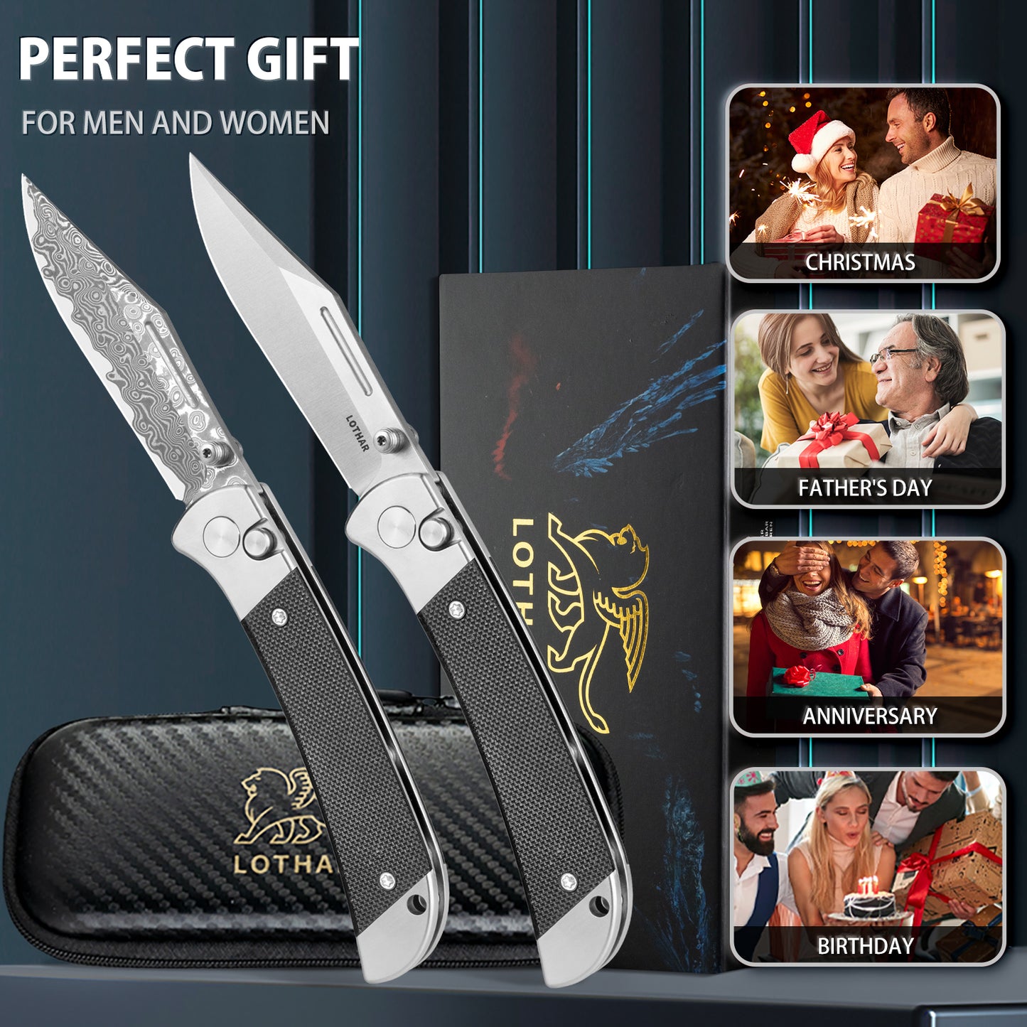 LOTHAR Falcon Pocket Knife, 2.98" Damascus Steel Blade EDC Knife, G10 Handle, Pocket Folding Knife with Clip, Button Lock, Gifts Pocket Knife for Men Women (Damascus)