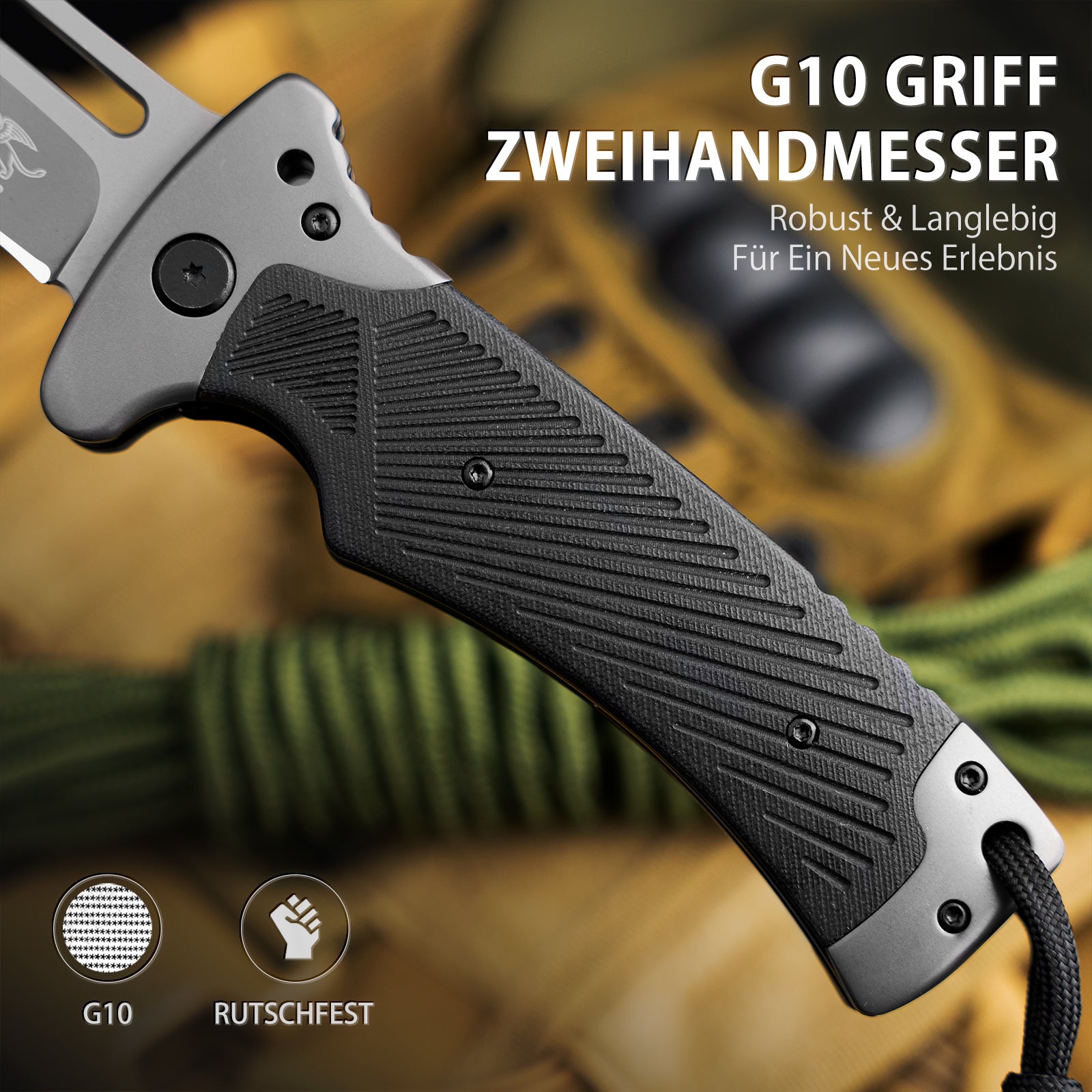 LOTHAR RHINO Zweihand Klappmesser, Mitführen in Deutschland erlaubt, Scharfe Klinge Zweihandmesser, Taschenmesser mit G10 Griff, Zweihandmesser für Camping & Survival
