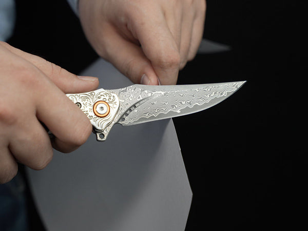 LOTHAR TUNA Damascus Pocket Knife, 3.3" Damascus VG10 Folding Knife with Retro Leather Sheath