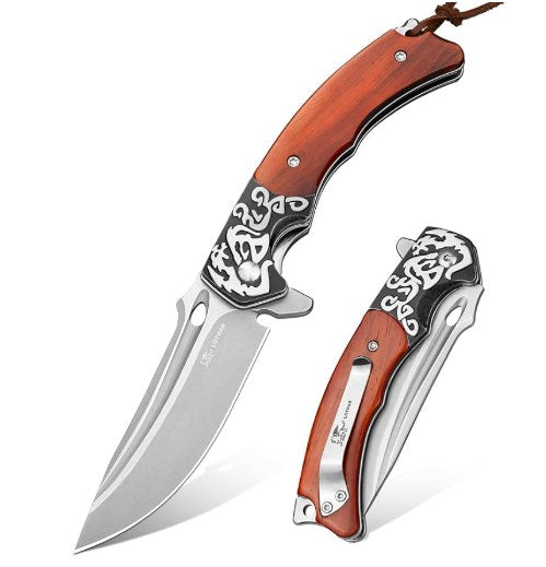 LOTHAR Rhaegal 3.4"14C28N Steel Flipper Assisted Opening Folding Knife with Sandalwood Handle, Classical Bolster