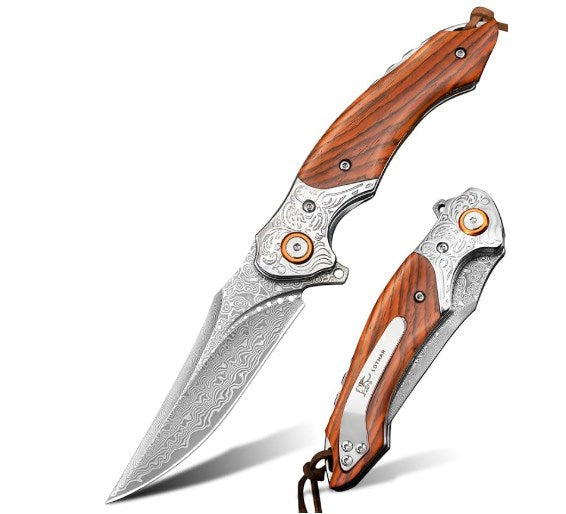 LOTHAR Damast-Taschenmesser für Herren, 7,78" VG10 Klappmesser mit Retro-Lederscheide und klassischem Kropf, EDC-Messer-Jubiläen, Weihnachten, Strumpffüller für Männer, Väter, elegante Geschenke für Männer