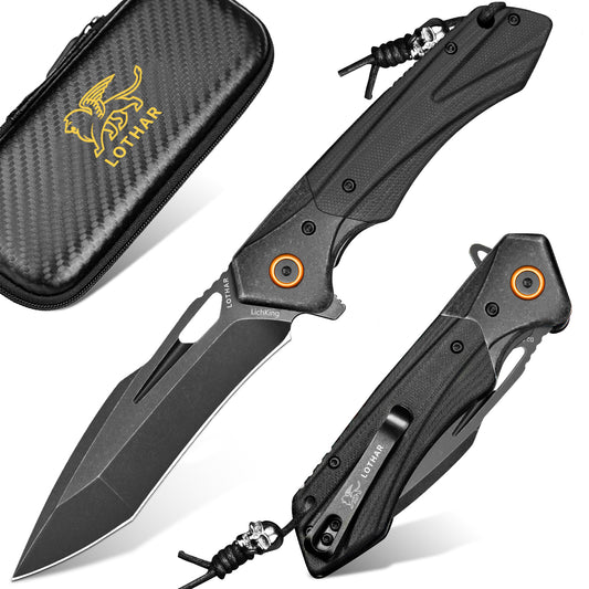 LOTHAR  Lich King Folding Pocket Knife, 3.5'' D2 Steel Blade and Black G10 Handle, Spring Assisted Opening