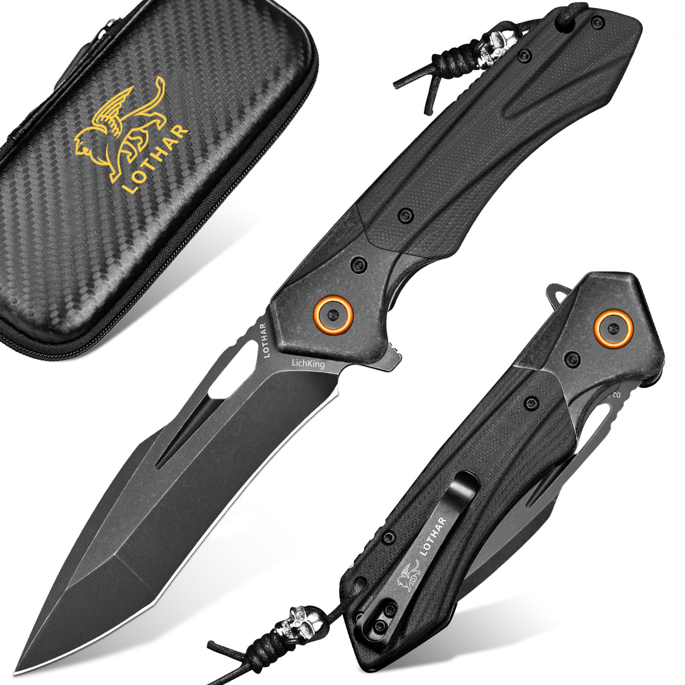 LOTHAR Lich King Folding Pocket Knife, 3.5'' D2 Steel Blade and Black