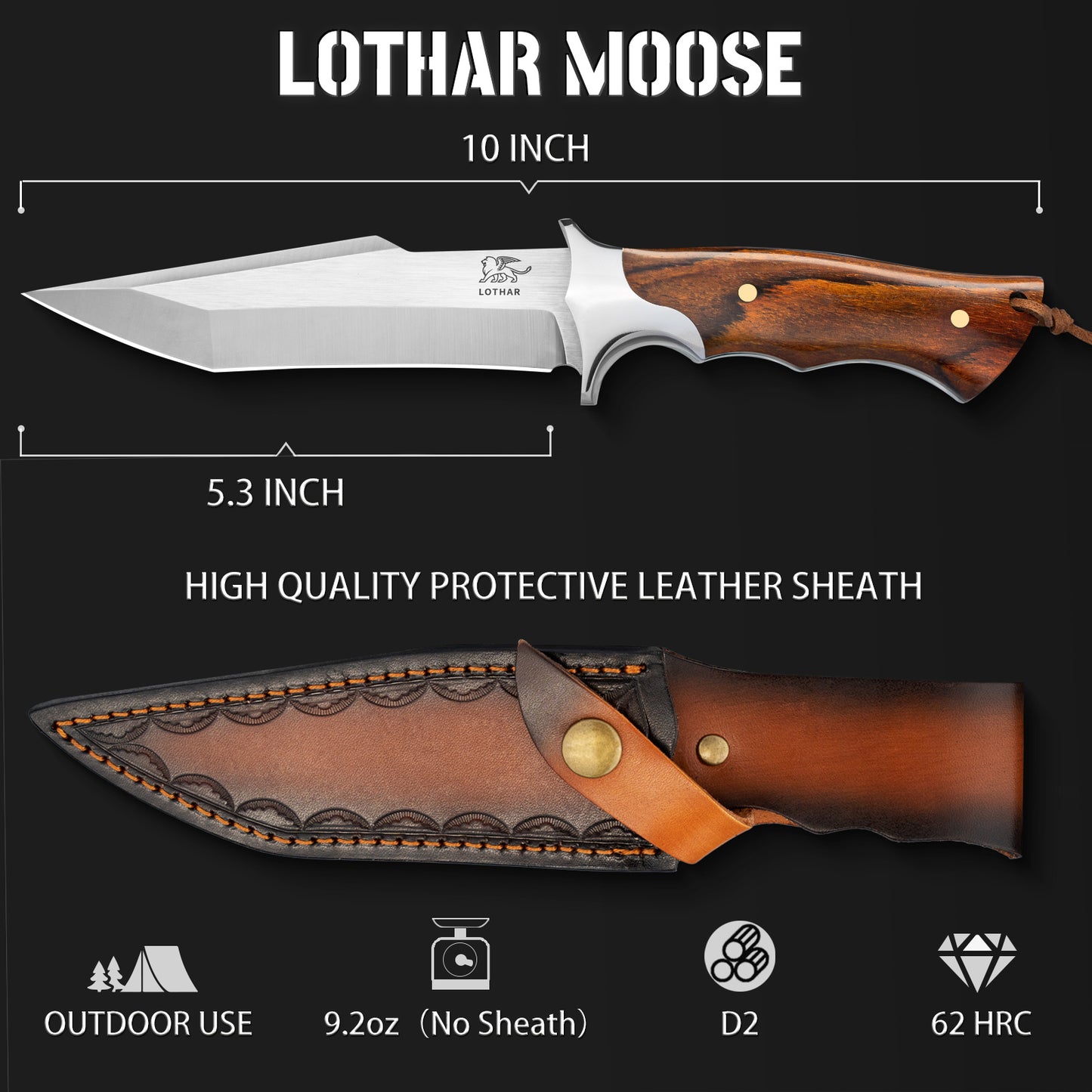 LOTHAR MOOSE Fixed Blade Hunting Knife, 5.3 Inch Sharp D2 Blade Bowie Knife with Leather Sheath, Rosewood Handle, Perfect Helper for Hunting, Camping or Bushcraft