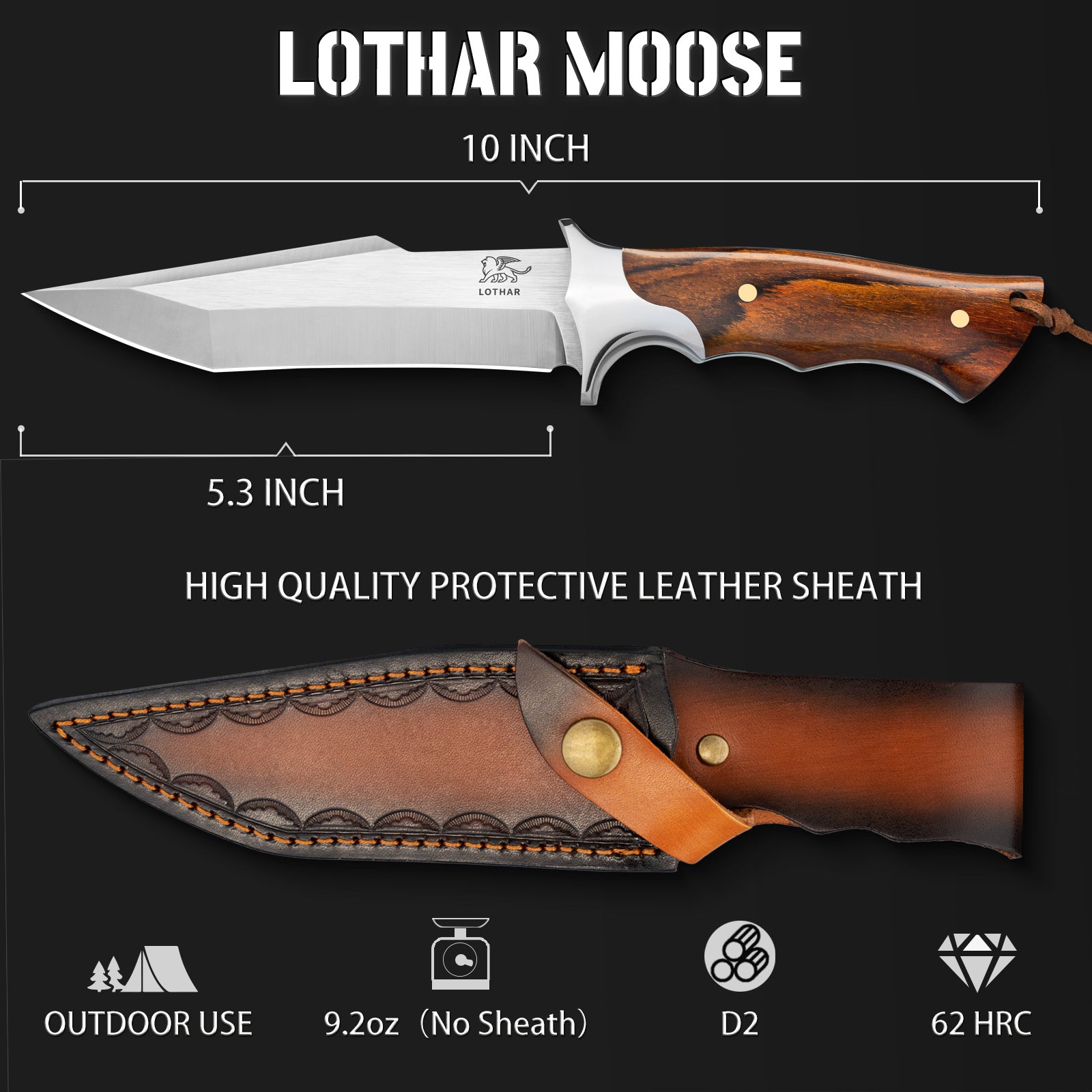 LOTHAR MOOSE Fixed Blade Hunting Knife, 5.3 Inch Sharp D2 Blade Bowie Knife with Leather Sheath, Rosewood Handle, Perfect Helper for Hunting, Camping or Bushcraft