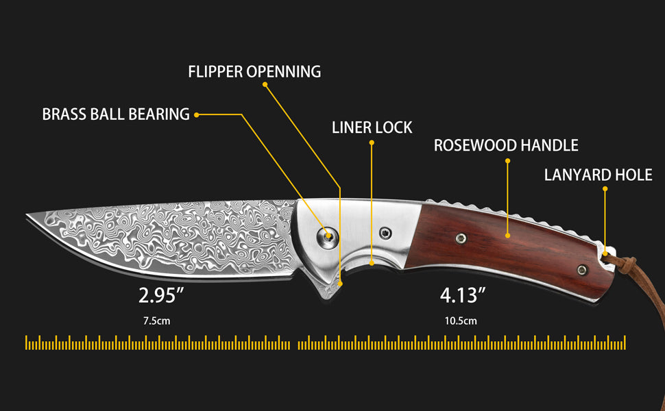 LOTHAR FLAMINGO Damascus Pocket Knife, 3 inch 67 Layers VG10 Damascus Steel Blade EDC Folding Knife, Exquisite Rosewood Handle,  Include One Leather Sheath