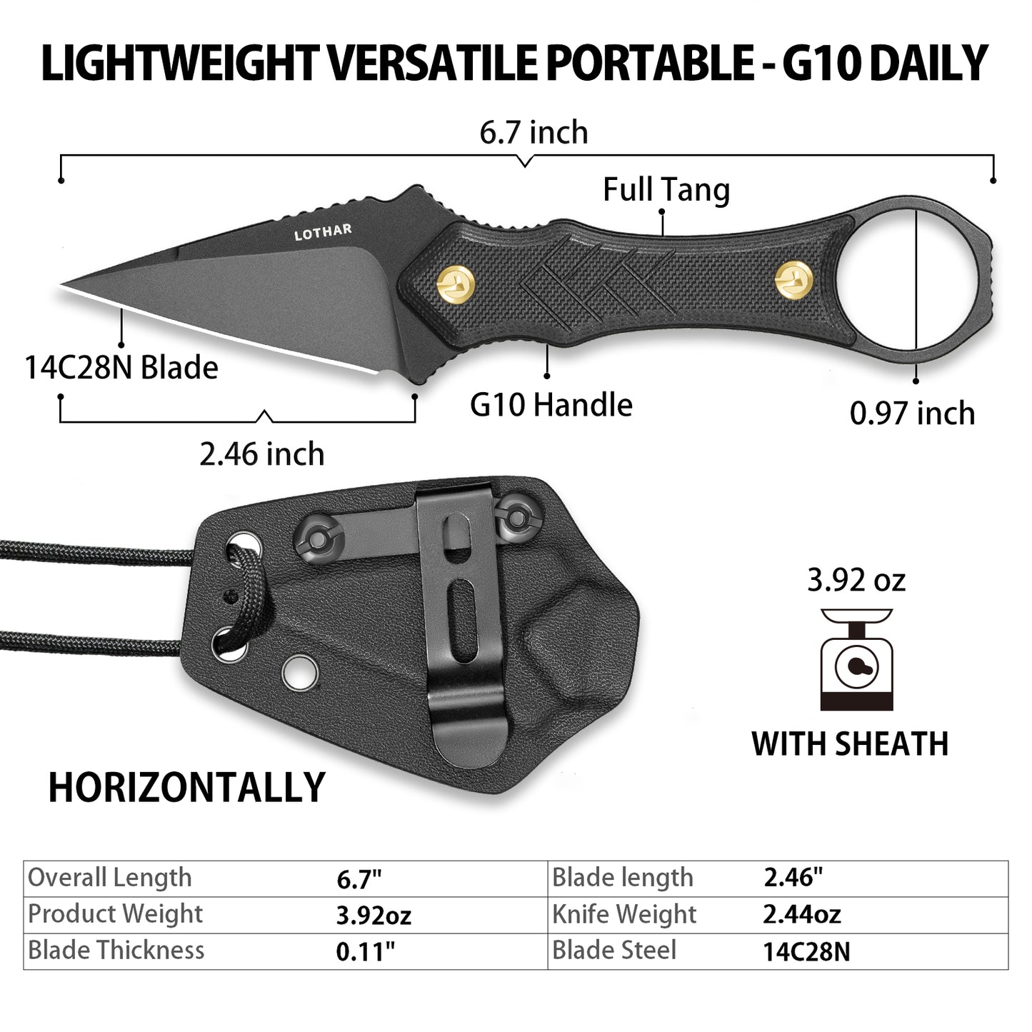 LOTHAR PORCUPINE 2.46" 14C28N Fixed Blade Neck Knife