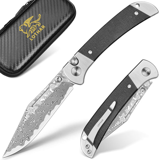 LOTHAR Falcon Pocket Knife, 2.98" Damascus Steel Blade EDC Knife, G10 Handle, Pocket Folding Knife with Clip, Button Lock, Gifts Pocket Knife for Men Women (Damascus)