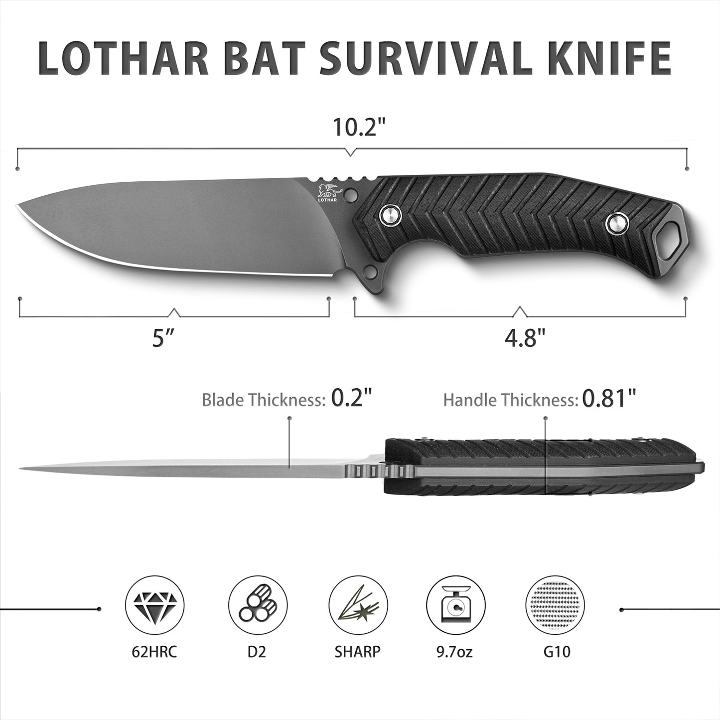 LOTHAR Bat Fixed Blade Knife, 5'' Sharp D2 Steel Blade Survival Knife, Black G10 Handle, PVD Coated, With One Fire Starter