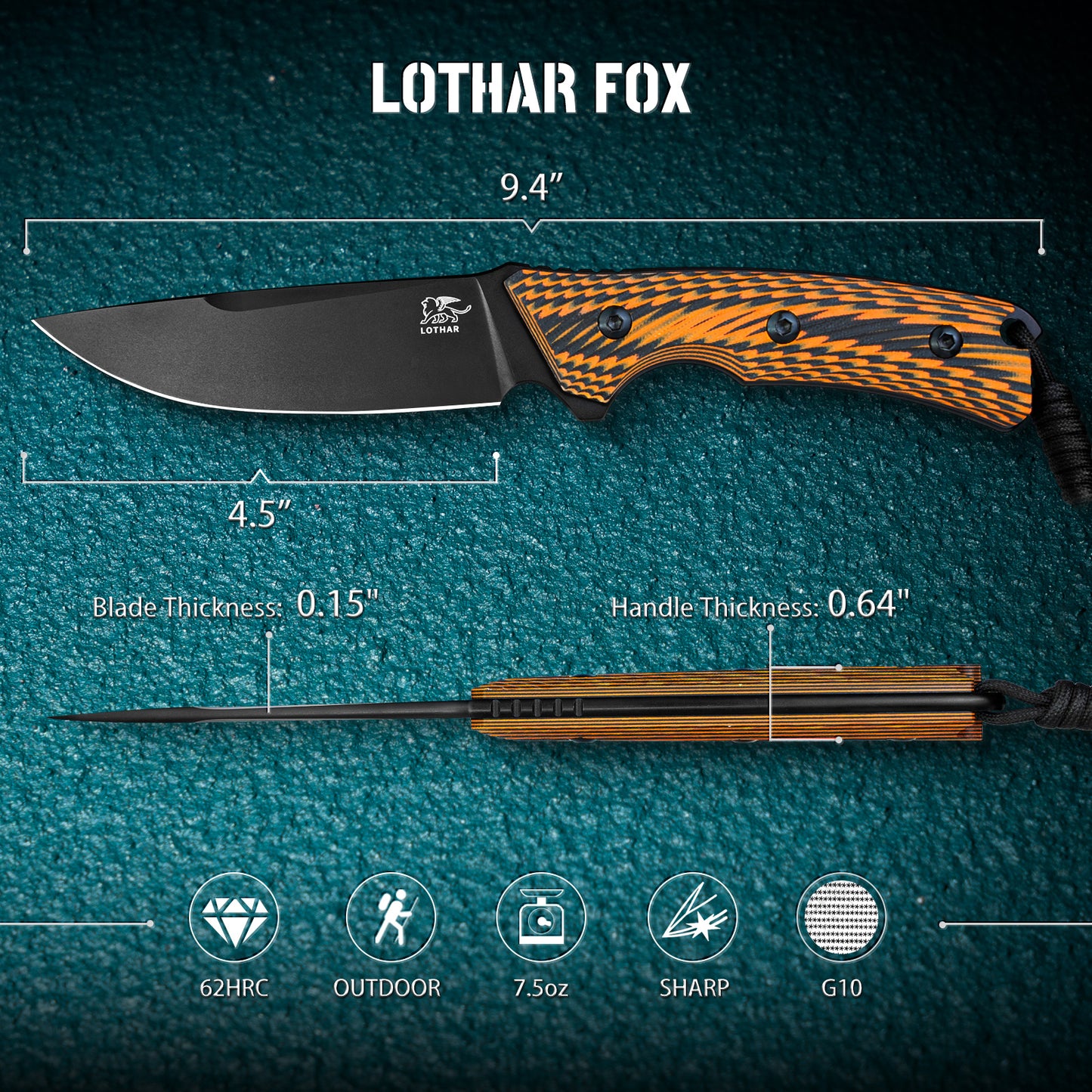 LOTHAR FOX Fixed Blade Hunting Knife, 4.5‘’ D2 Steel Blade Full Tang Knife, G10 Handle, Great Knife for Survival, Camping, Bushcraft or Hunting