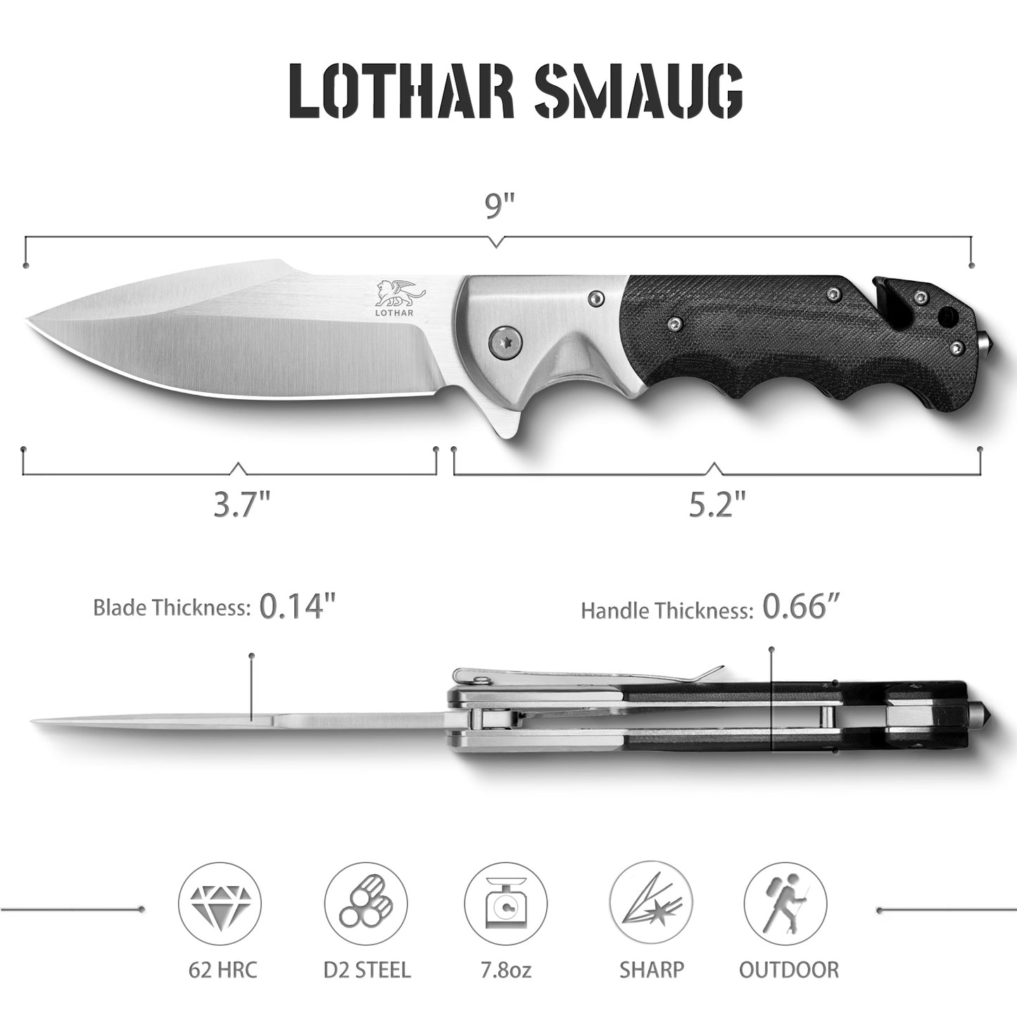 LOTHAR SMAUG Pocket Knife, 4 inch D2 Steel Blade Folding Knife, Black G10 Handle, Great Rescue Knife with Glass Breaker, Seatbelt Cutter