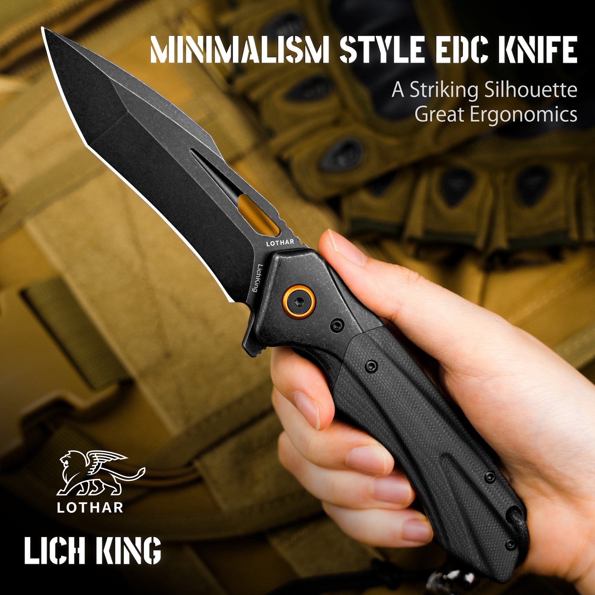 LOTHAR  Lich King Folding Pocket Knife, 3.5'' D2 Steel Blade and Black G10 Handle, Spring Assisted Opening