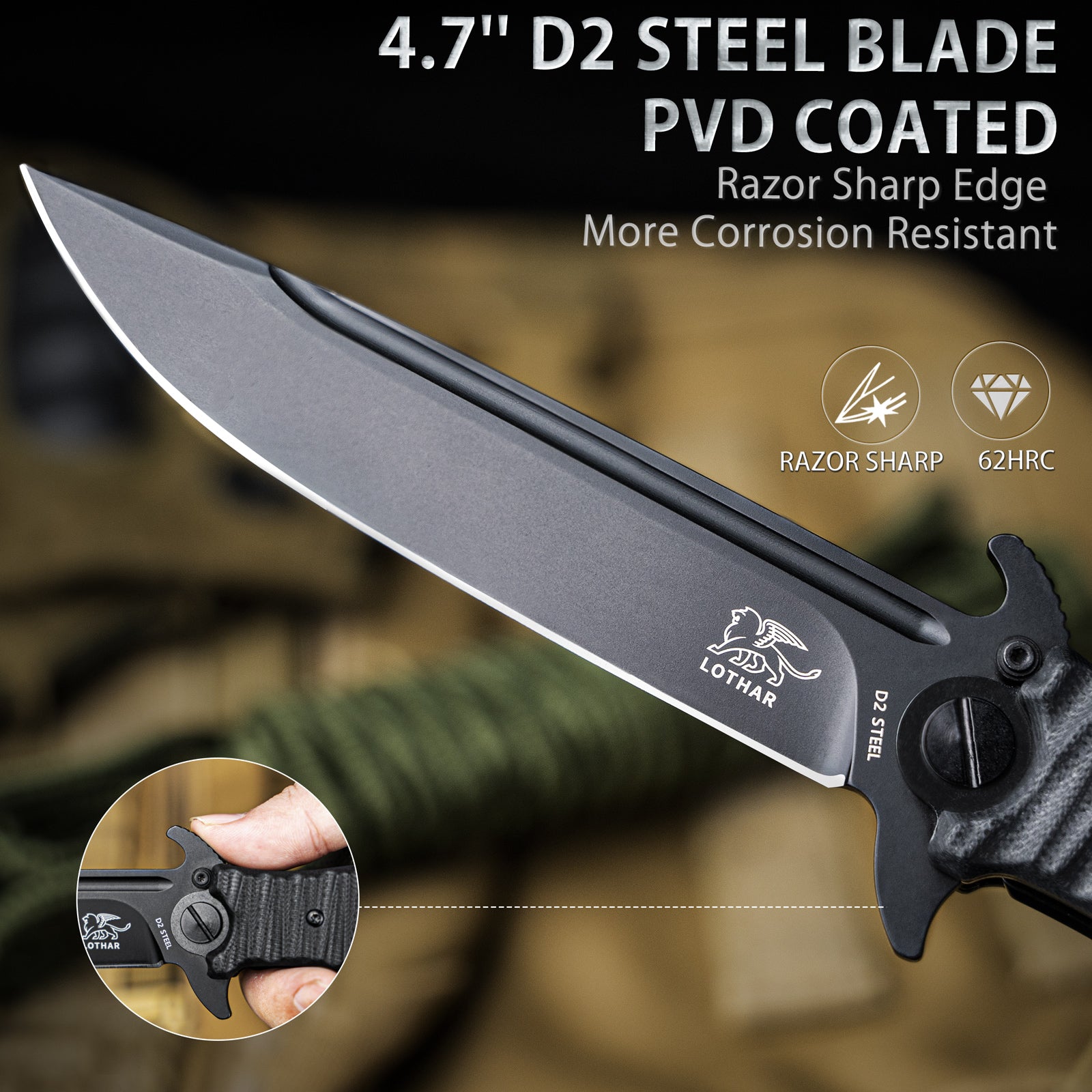 LOTHAR PHOENIX Large Pocket Knife, 5'' D2 Steel Blade Hunting Folding –  LOTHAR KNIFE