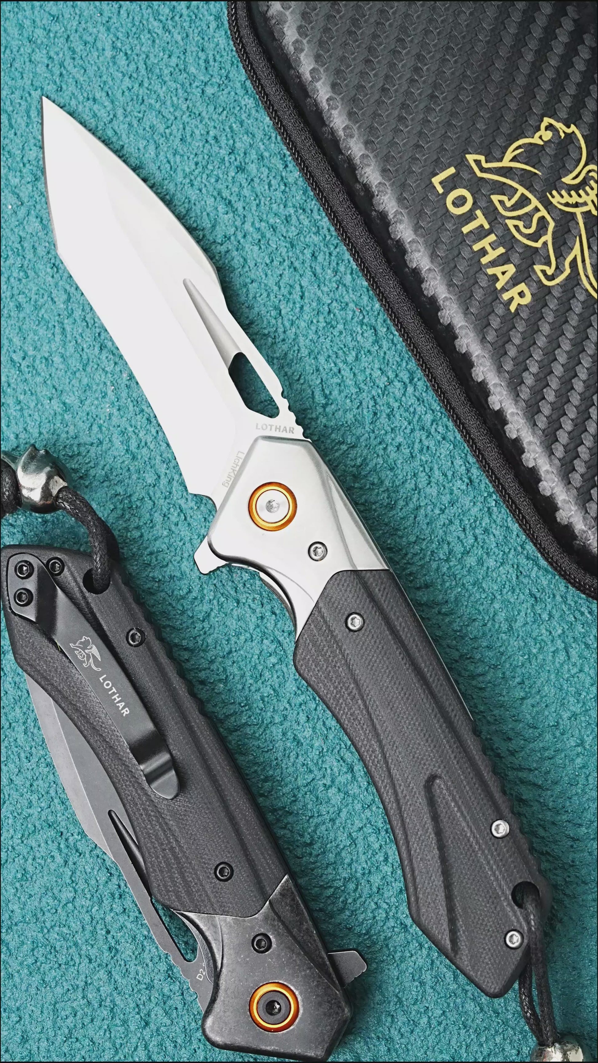 LOTHAR  Lich King Folding Pocket Knife, 3.5'' D2 Steel Blade and Black G10 Handle, Spring Assisted Opening