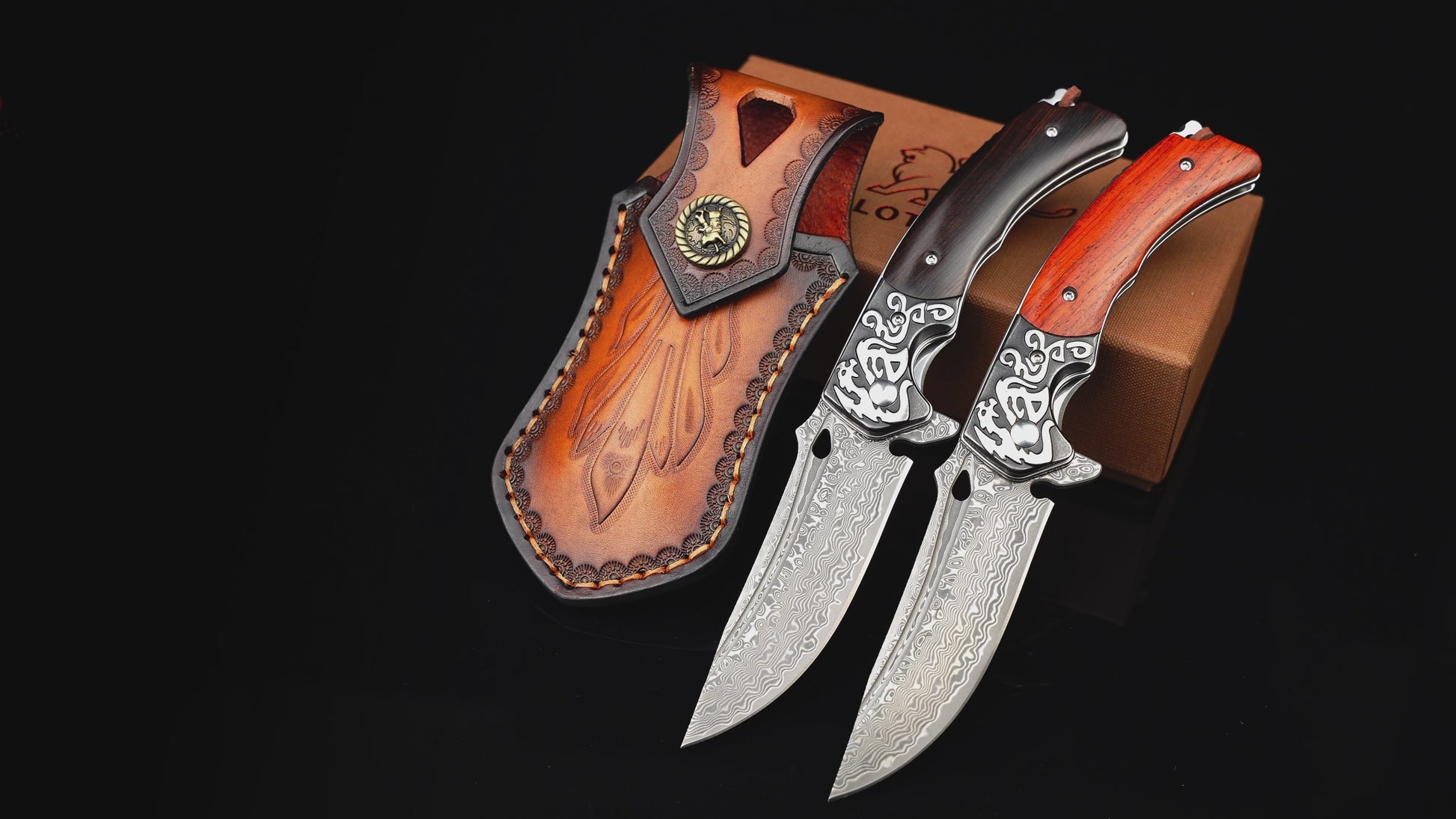Crafted Custom Damascus Steel Pocket Knife Gift Set with Gift Box