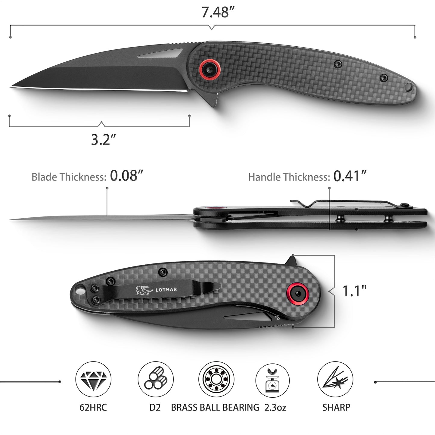 LOTHAR Seagull Pocket Knife, 3" D2 Steel Blade EDC Knife, Carbon fiber Handle, 2.3oz Weight, Liner Lock