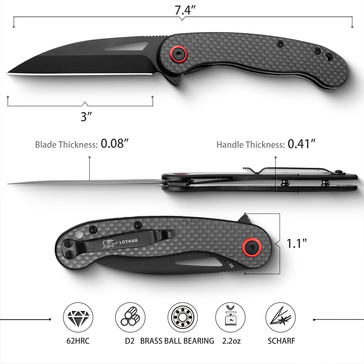 LOTHAR Seagull Pocket Knife, 3" D2 Steel Blade EDC Knife, Carbon fiber Handle, 2.3oz Weight, Liner Lock