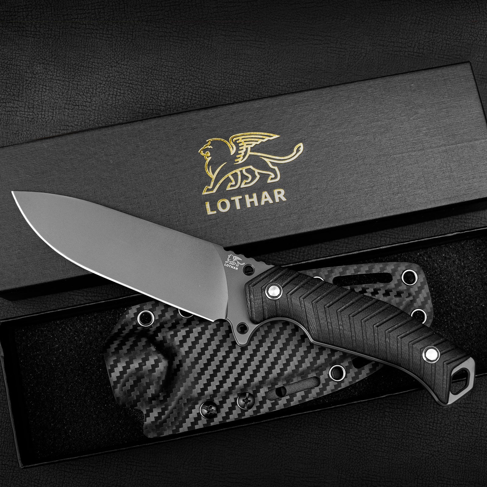 LOTHAR Bat Fixed Blade Knife, 5'' Sharp D2 Steel Blade Survival Knife, Black G10 Handle, PVD Coated, With One Fire Starter