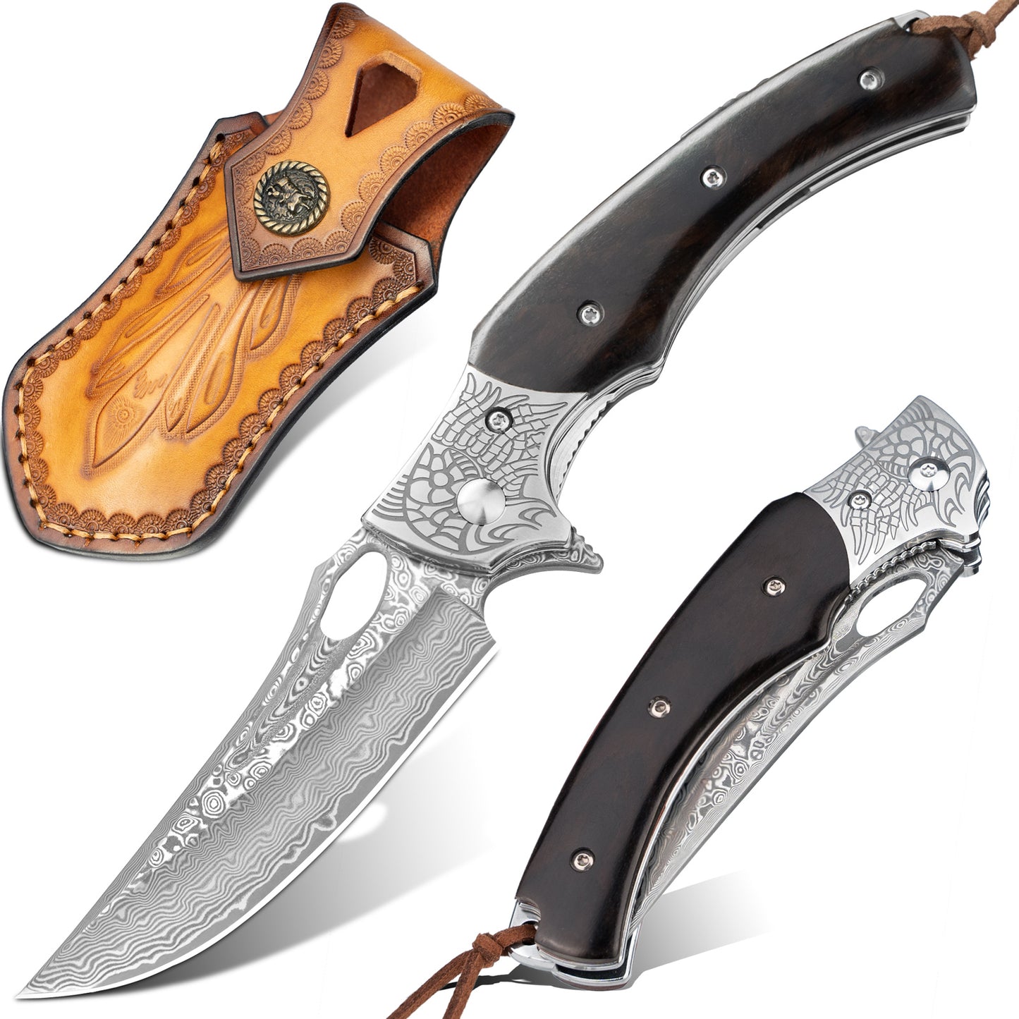 LOTHAR KRAKEN Damascus Pocket Knife, 3 inch VG10 Damascus Blade Folding Knife with Retro Leather Sheath, Sandalwood Handle, Perfect Gifts for Men or Women