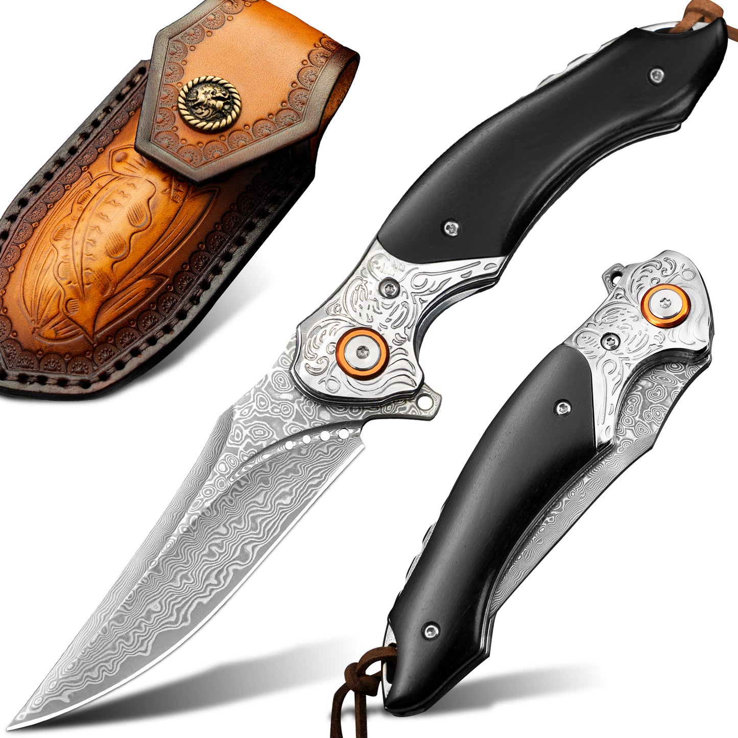 LOTHAR TUNA Damascus Pocket Knife, 3.3" Damascus VG10 Folding Knife with Retro Leather Sheath