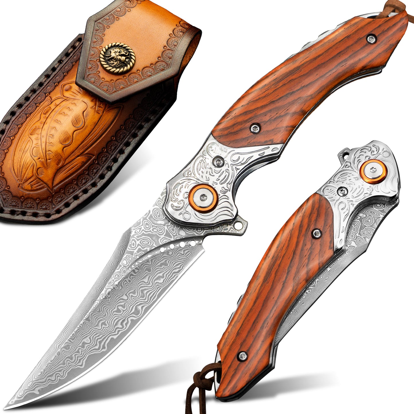 LOTHAR TUNA Damascus Pocket Knife, 3.3" Damascus VG10 Folding Knife with Retro Leather Sheath