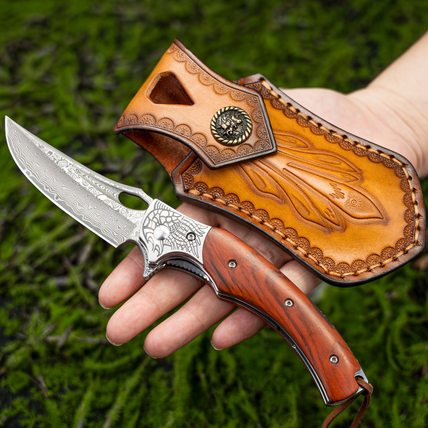 LOTHAR KRAKEN Damascus Pocket Knife, 3 inch VG10 Damascus Blade Folding Knife with Retro Leather Sheath, Sandalwood Handle, Perfect Gifts for Men or Women