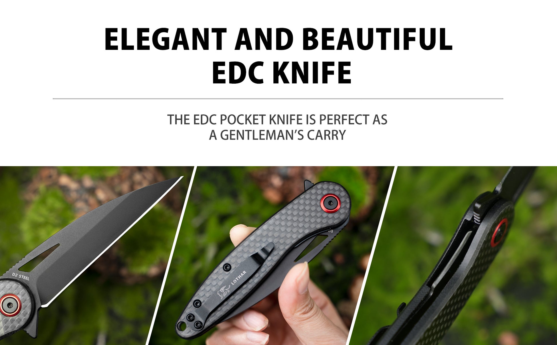 LOTHAR Seagull Pocket Knife, 3" D2 Steel Blade EDC Knife, Carbon fiber Handle, 2.3oz Weight, Liner Lock