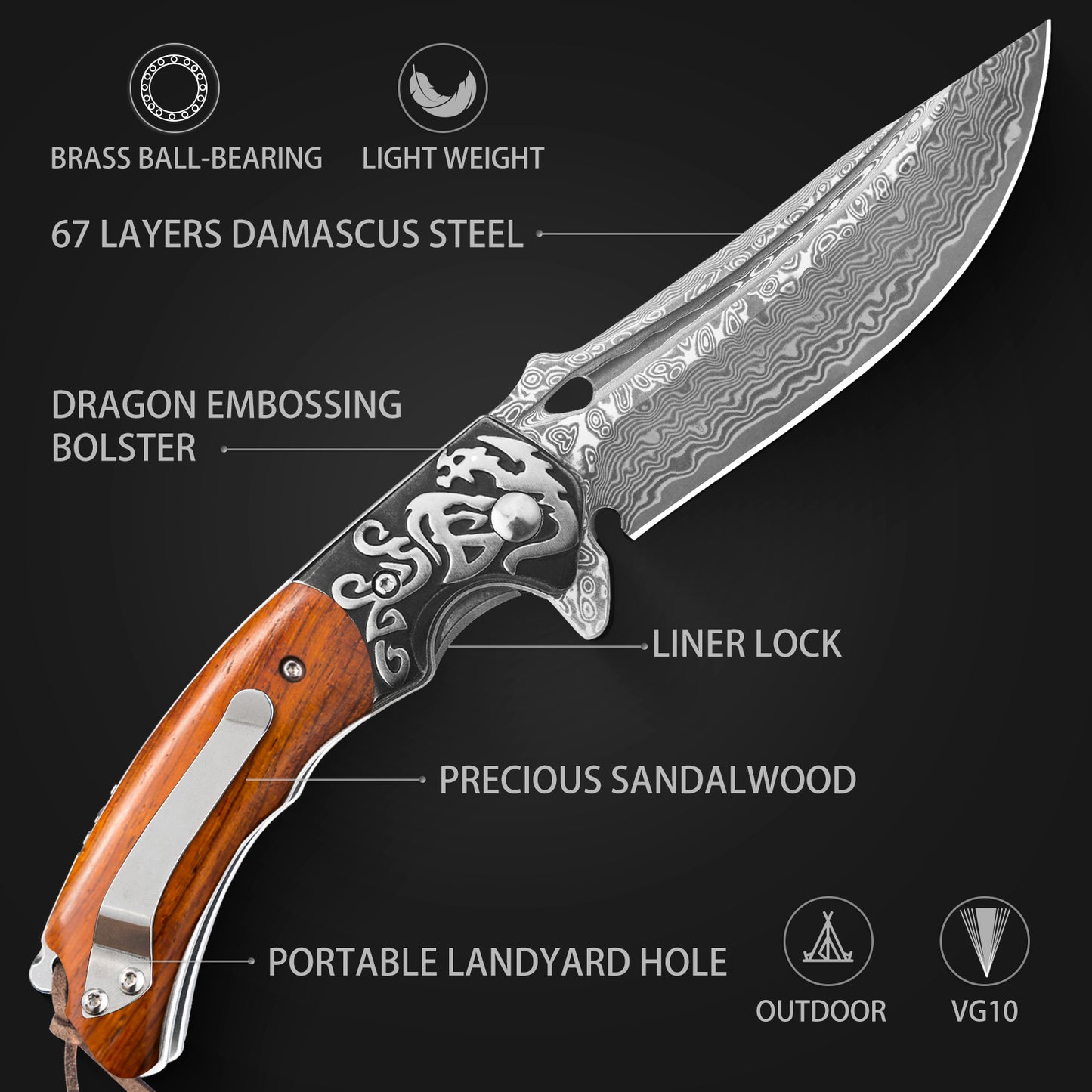 LOTHAR RHAEGAL Damascus Pocket Knife, 3.4'' VG10 Damascus Blade Folding Knife with Retro Leather Sheath, Great Gifts for Men or Women