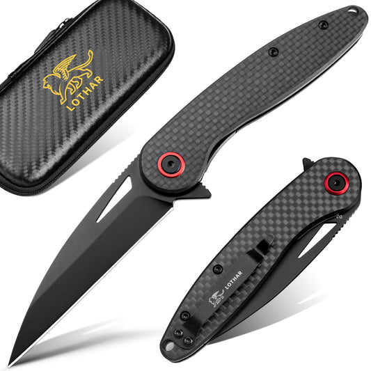 LOTHAR Seagull Pocket Knife, 3" D2 Steel Blade EDC Knife, Carbon fiber Handle, 2.3oz Weight, Liner Lock