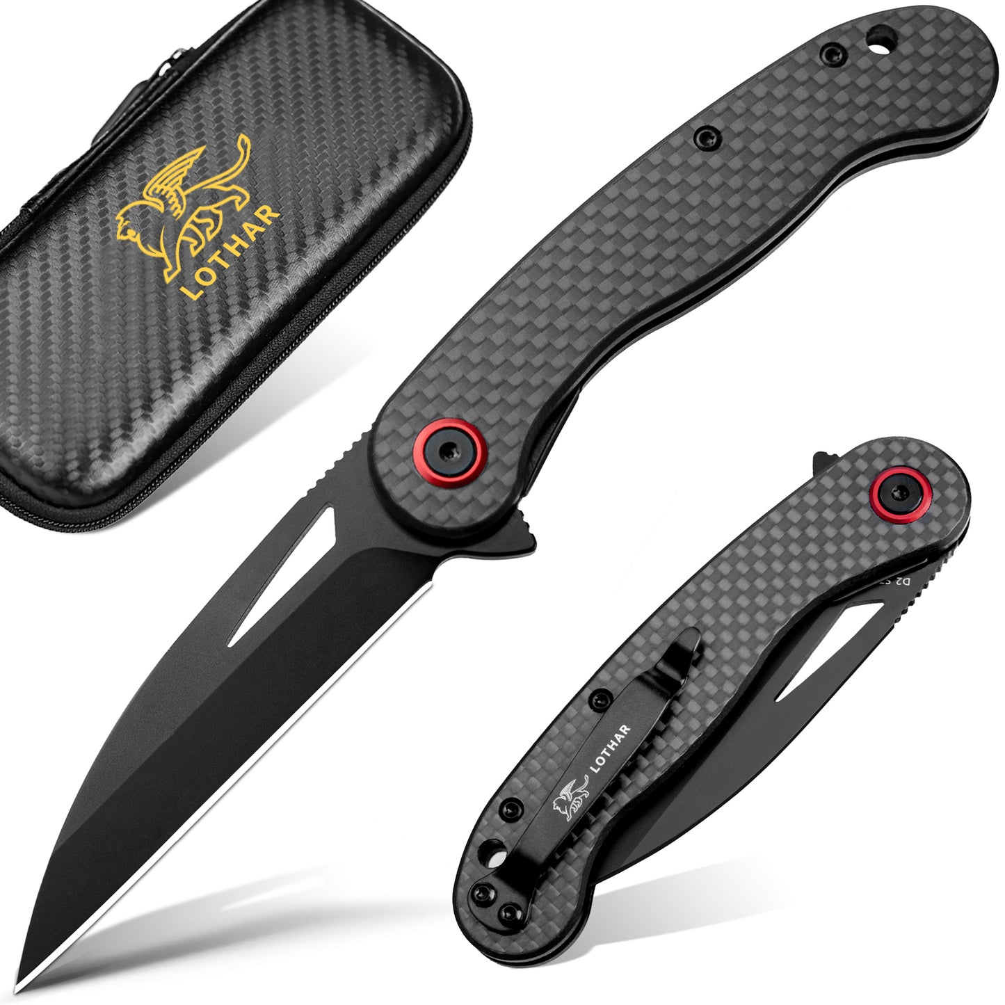 LOTHAR Seagull Pocket Knife, 3" D2 Steel Blade EDC Knife, Carbon fiber Handle, 2.3oz Weight, Liner Lock